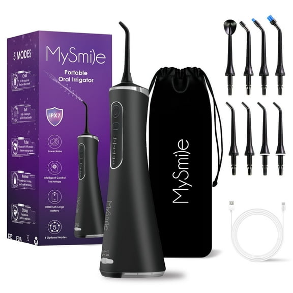MySmile LP211 Irrigador Bucal Portátil Inalámbrico para Limpieza Dental, 5 Modos, 8 Boquillas de Chorro, Bolsa de Viaje, Color Negro.