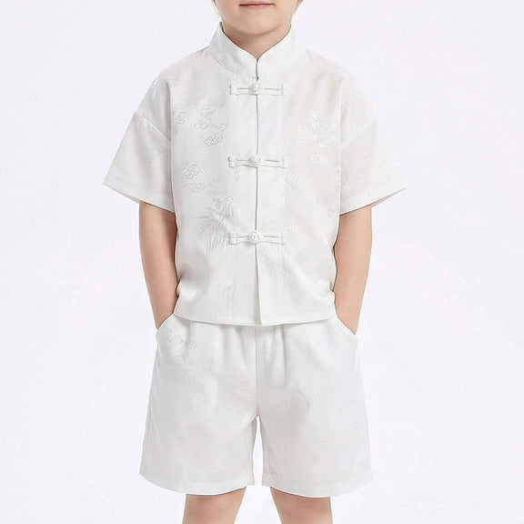 CAIVO Children Boys Summer Outfit Sets Traditional Tang Loose Fit Short Sleeve Shirt With Shorts Comfortable Casual Playwear Cozy Clothes Sets