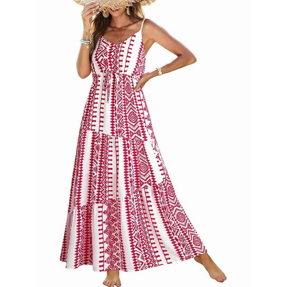 Summer Dress Casual Womens Boho Dress Sleeveless Printed Long Tiered Maxi Dress Beach Dress 2025 Red S