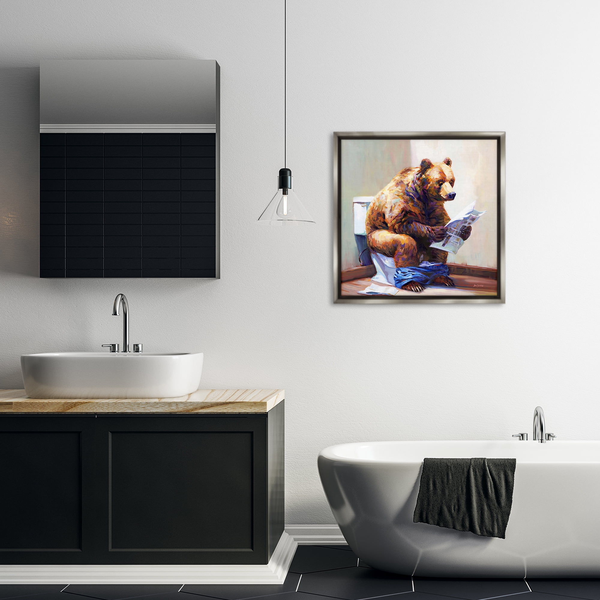 Stupell Industries Bathtub Bear with Graffiti Typography Painting Gray Floater Framed Canvas Art Print Wall Art, 25 x 25