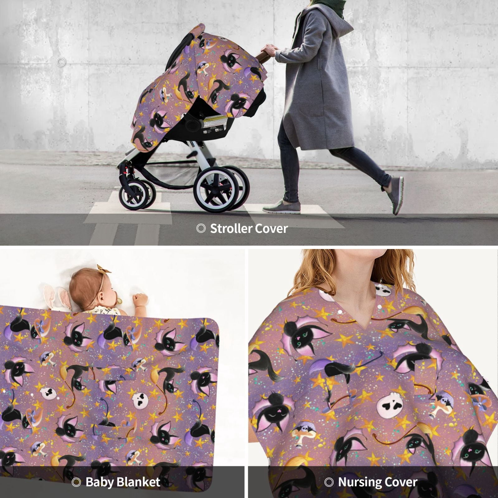 Car Seat Cover Baby - shiny cat bat skull pumpking spider Breathable Infant Car Seat Cover for Baby Carseat, Lightweight Comfort Baby Essentials Must Haves Newborn Stuff for Girl Boy