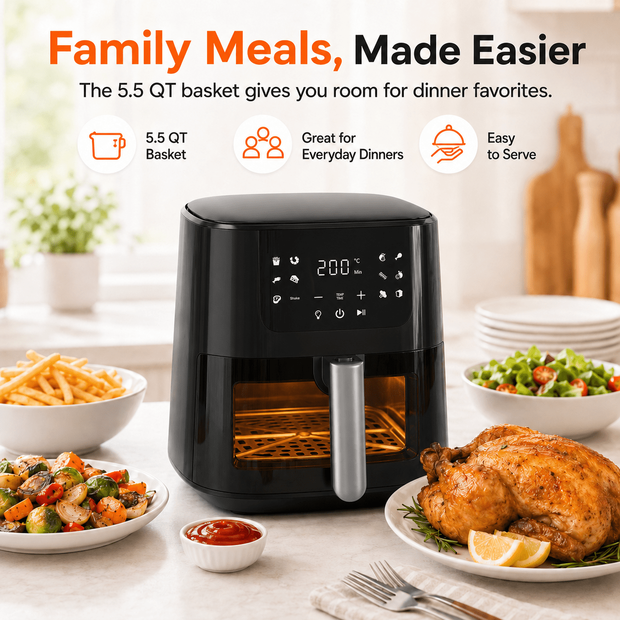 COMHOMA 5.5 QT Air Fryer, 8-in-1 Digital Countertop Air Fryer with Touchscreen, 360° Hot Air Circulation, Shake Reminder, Nonstick Dishwasher-Safe Basket
