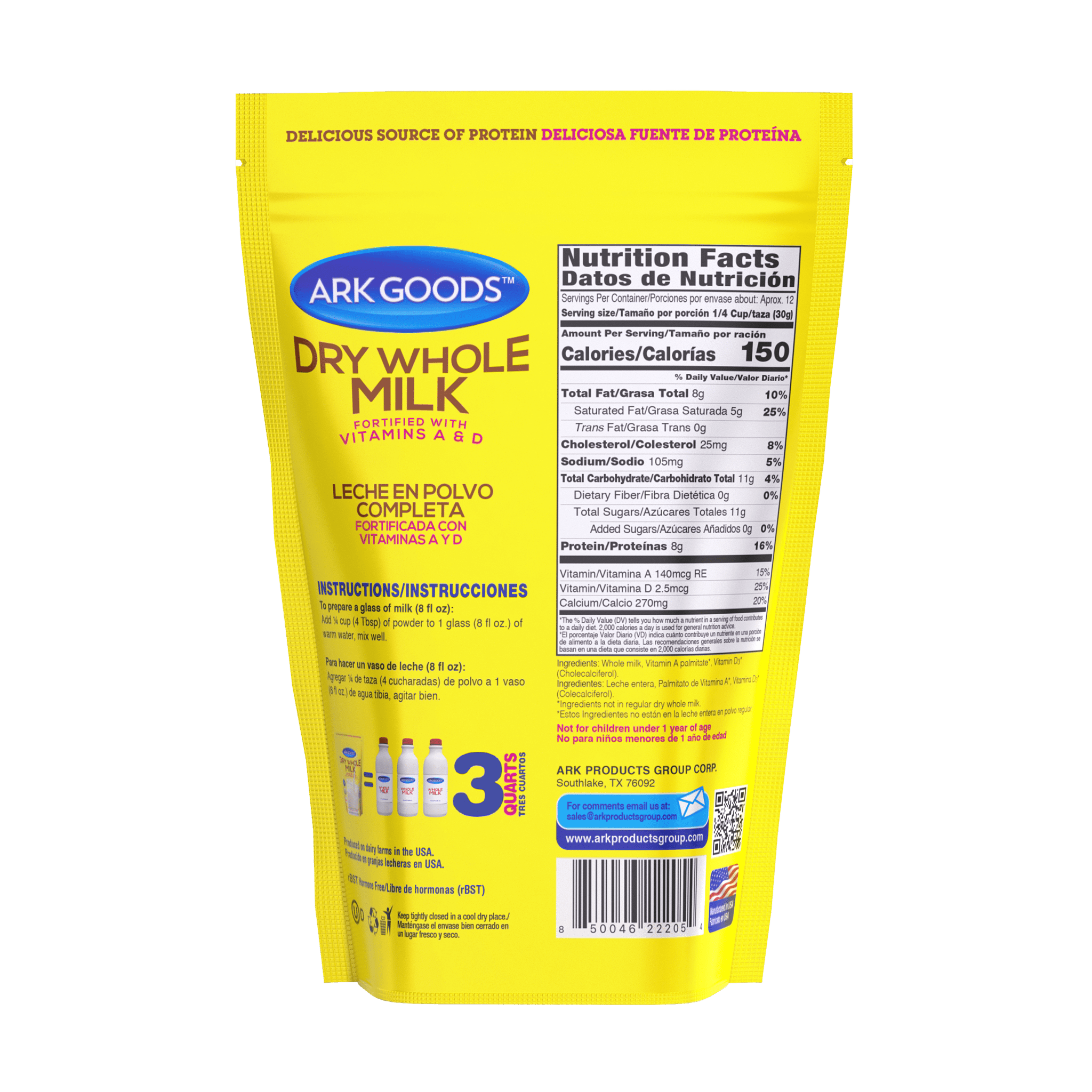 Ark Goods Dry Whole Milk Fortified with Vitamins 12.6oz (360g), No Added Sugar, Grade A Milk, Kosher, 100% Powdered Milk, Non-GMO, Milk Powder
