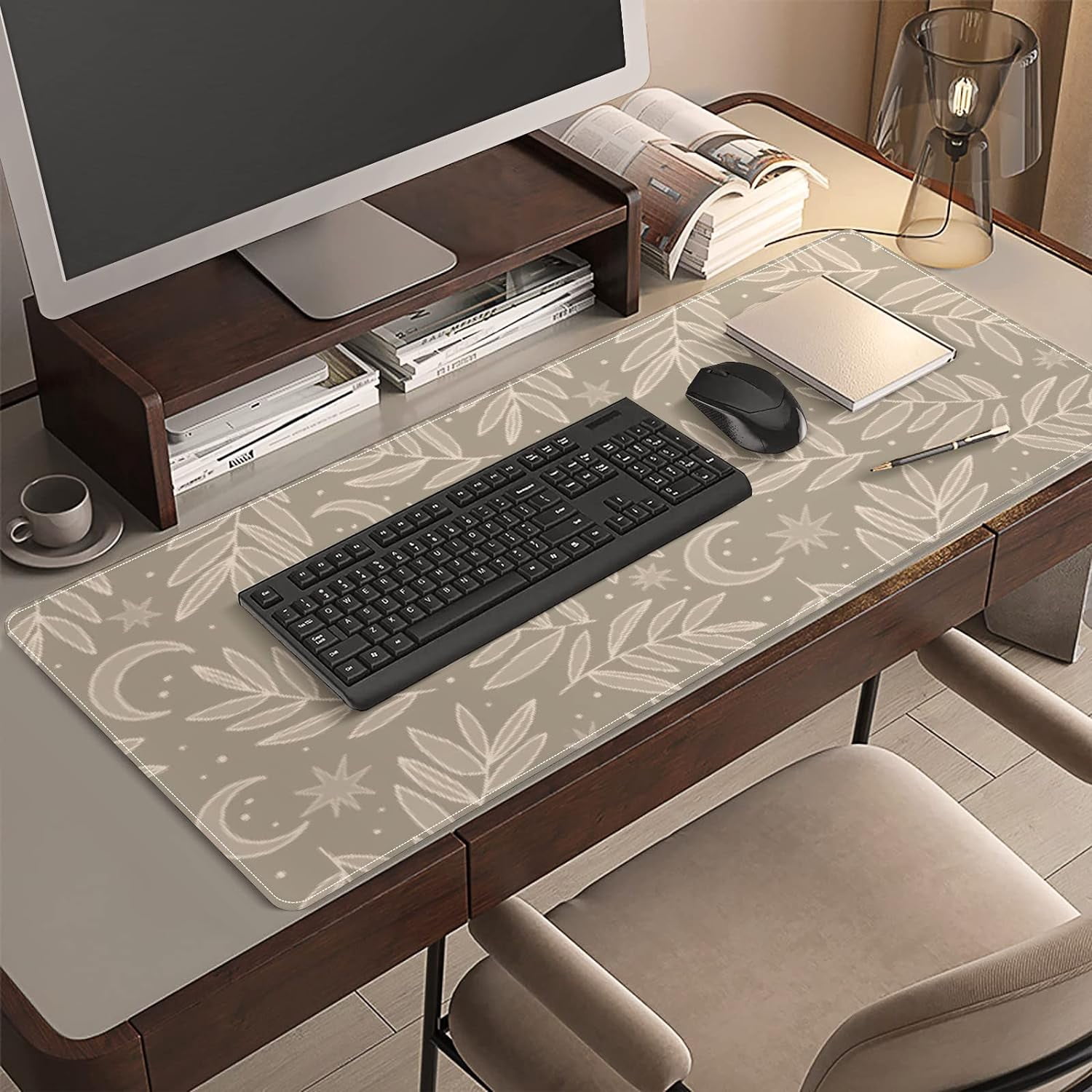 Boho Leaves Moon Desk Mat, Desk Accessory, Cute Workspace, Trendy Workspace, Trendy, 35.4x15.7in Large Gaming Mouse Pad, Cute Desk Topper, Pretty Desk Pad