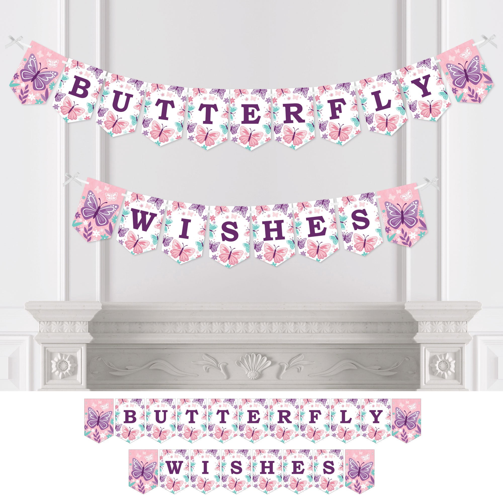 Big Dot of Happiness Beautiful Butterfly - Floral Baby Shower or Birthday Party Bunting Banner - Party Decorations - Butterfly Wishes