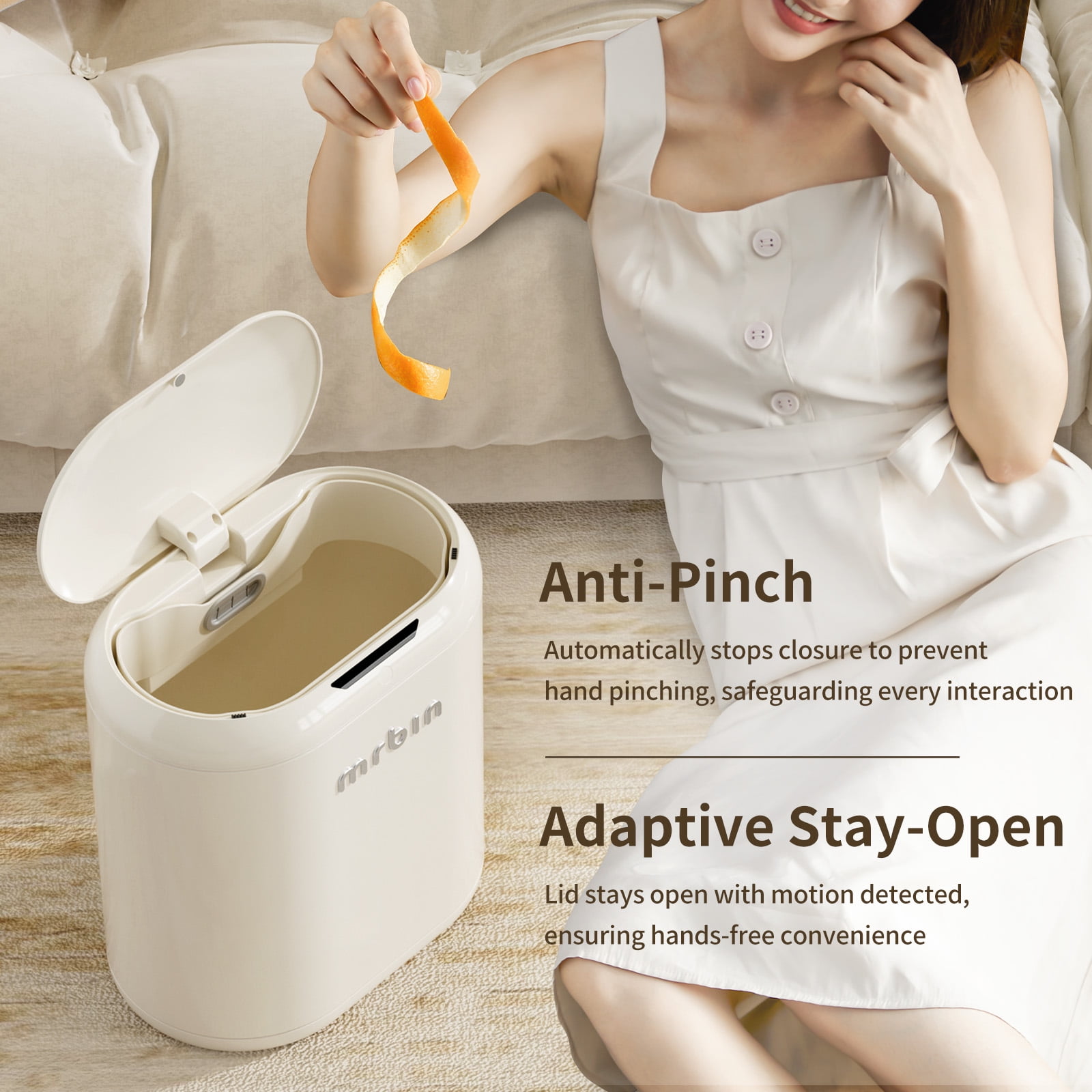 MRBIN Automatic Trash Can for Bathroom, Metal Touchless Garbage Bin with Lid, 3.2 Gallon Small Slim Trash Can for Office and Kitchen, Electric Motion Sensor Bedroom No Touch Bin, Cream White