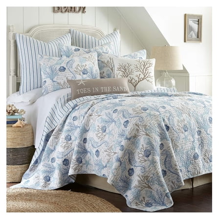 - Galapagos Quilt Set - Full/Queen Quilt (88x92in.)   Two Standard Pillow Shams (26x20in.) - Coastal - Blue, Grey, Taupe and White - Reversible - Cotton Fabric