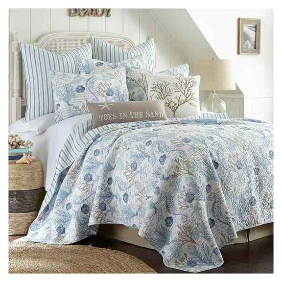 - Galapagos Quilt Set - Full/Queen Quilt (88x92in.)   Two Standard Pillow Shams (26x20in.) - Coastal - Blue, Grey, Taupe and White - Reversible - Cotton Fabric