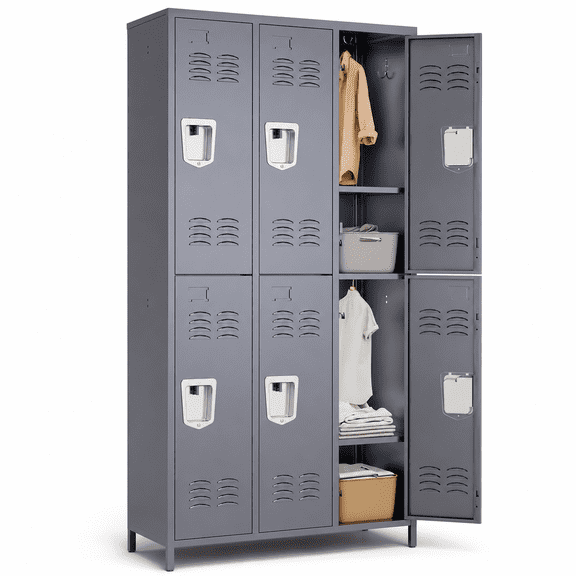 IKIMI 72" Metal Locker for Employees, 6 Doors Storage Cabinet Locker with Vented Compartments and Hooks for Gym, Garage, Living Room, Office, School, Gray