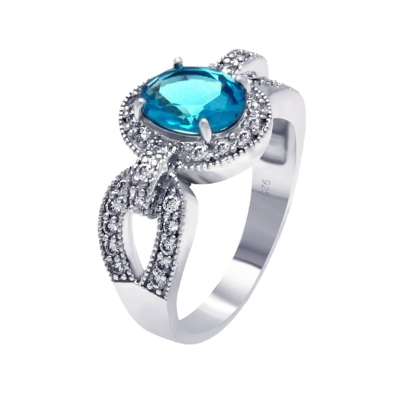 Sterling Silver 925 Rhodium Plated Blue Center and Clear Cubic Zirconia Ring Jewelry Female Size 5