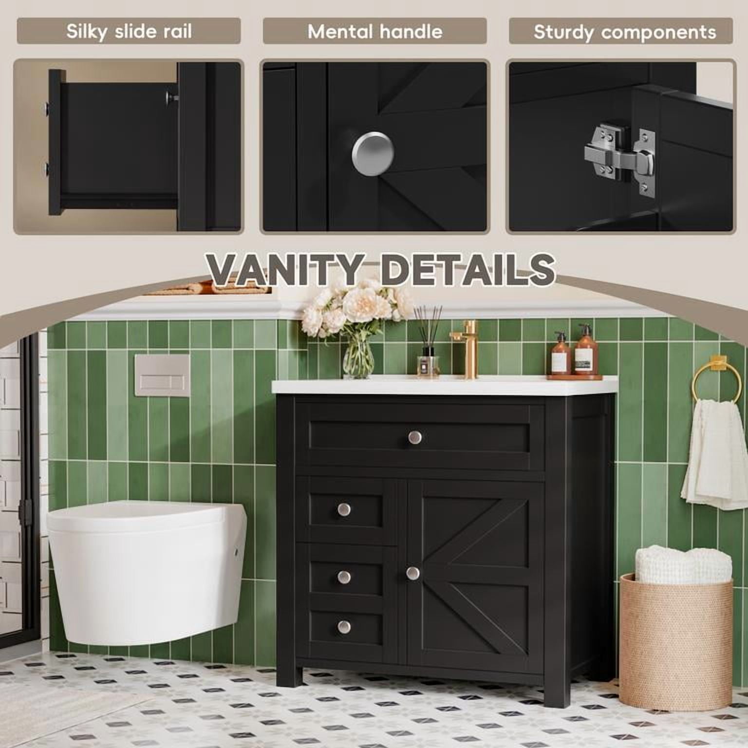 Lacoo 30'' Bathroom Vanity with Resin Sink, Wood Bathroom Storage Cabinet with Drawers and Shelves for Bathroom, Black
