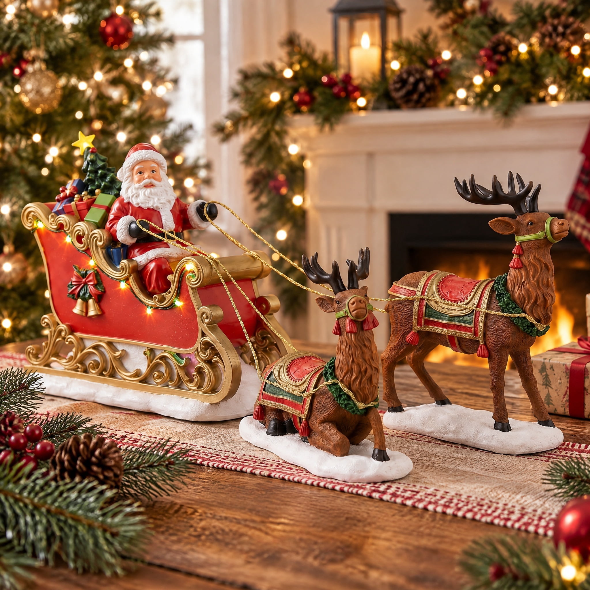 Light-Up Santa's Sleigh with Reindeer Christmas Village Decoration, Multicolor, 9", by Holiday Time