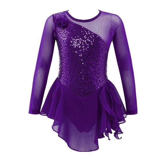 TSSOE Girls Long Sleeve Ballet Ice Skating Dress Costume Sequins Ballroom Competition Dancewear Purple 4