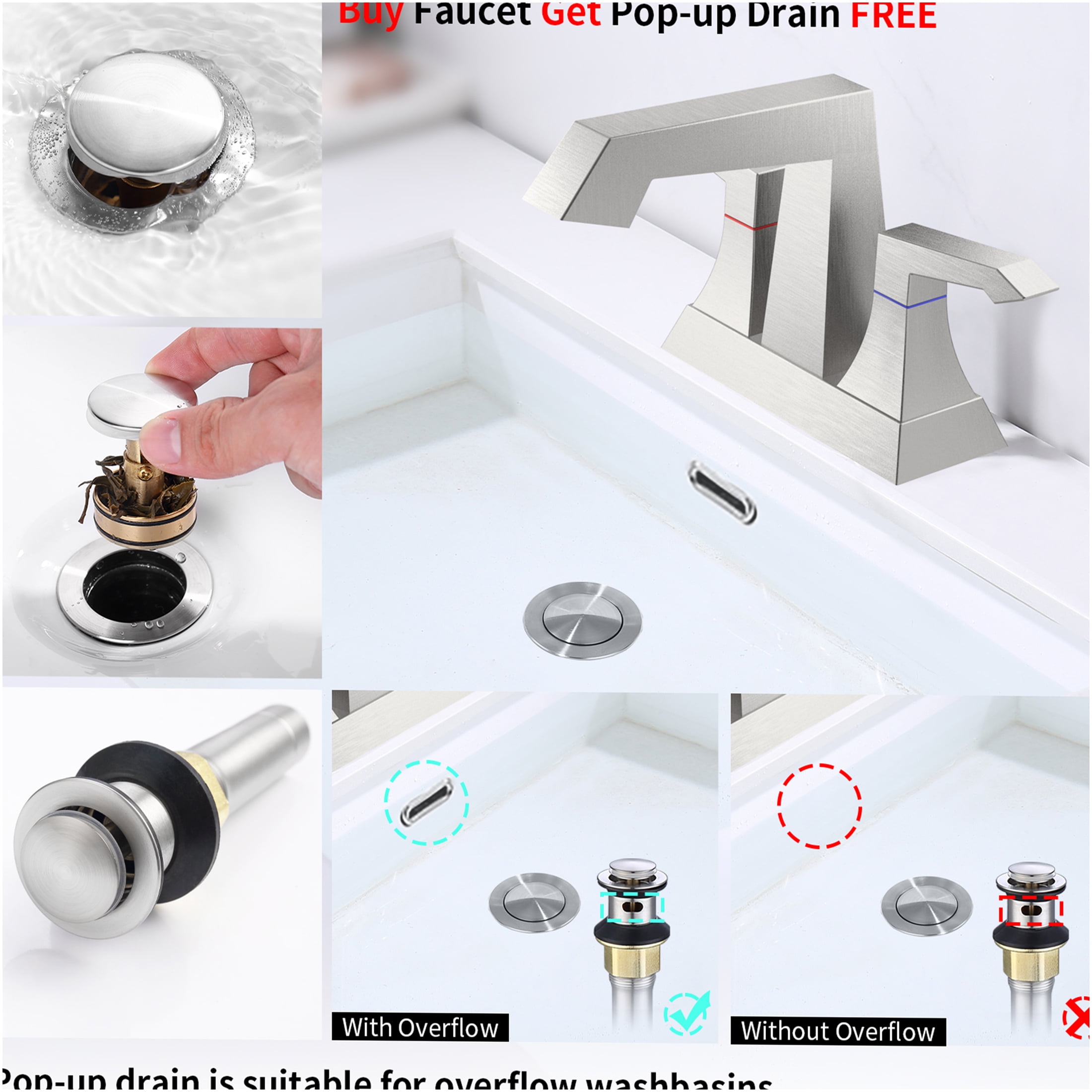 JERFIT Modern 2-Handle Bathroom Sink Faucet with Drain Kit, Brushed Nickel Finish, Deck Mount 3-Hole Centerset for Vanity