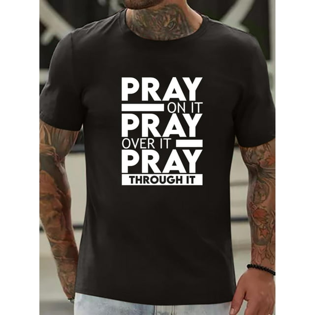 PRAY Print T Shirt, Tees For Men, Casual Short Sleeve T-shirt For Summer