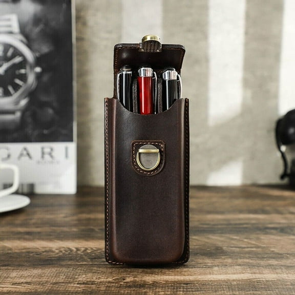 Handmade Genuine Leather 3 Slot Hard Fountain Pen Case Pen Storage Box Organizer USA
