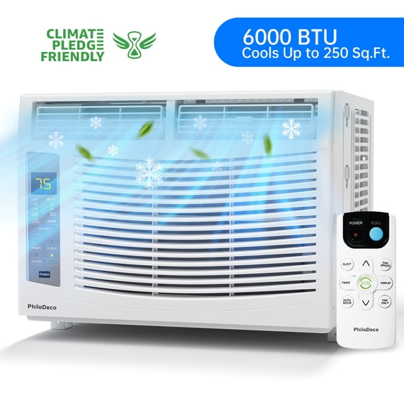 PhiloDeco 6000 BTU Window Air Conditioner Cool to 250 sq ft Intelligent, LED,Remote Control, Easy to Clean Filter Screen, Can Be Used as a Dehumidifier/Fan, Operates Quietly, and is Energy-Saving