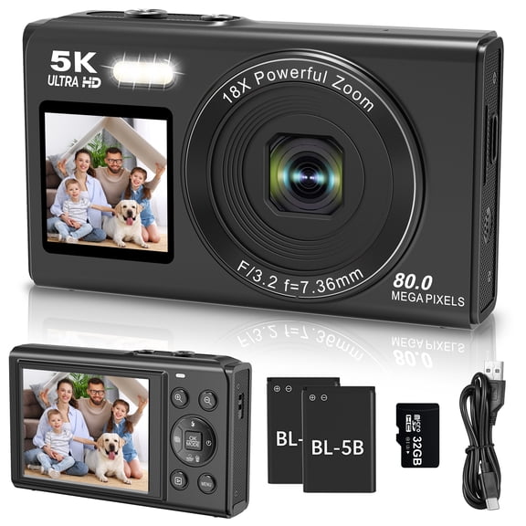XLURC Digital Camera 5K 80MP Dual Screen Cameras for Photography 18X Digital Zoom Vlogging Camera for YouTube with 32GB Card and 2 Batteries