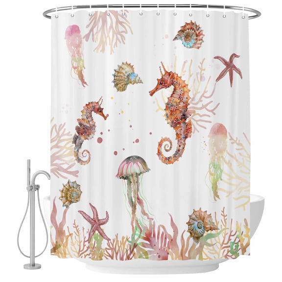 Seahorse Seaweed Starfish Fabric Shower Curtain Marine Life Washable Shower Curtains for Bathroom, Waterproof Bath Curtain with Hooks Home Decor 36x72in