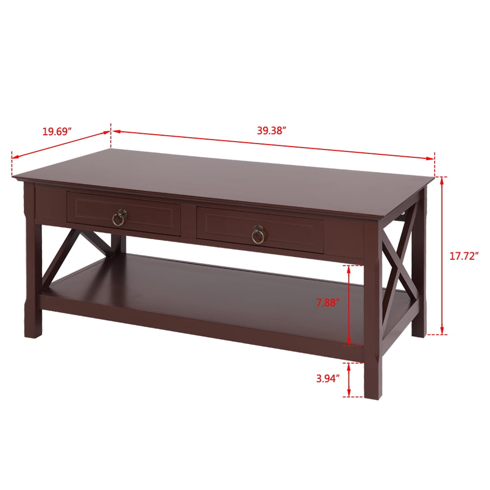 Lowestbest Wood End Table, Cross Solid Wood Legs with 2 Drawer, Tables for Living Room, Brown