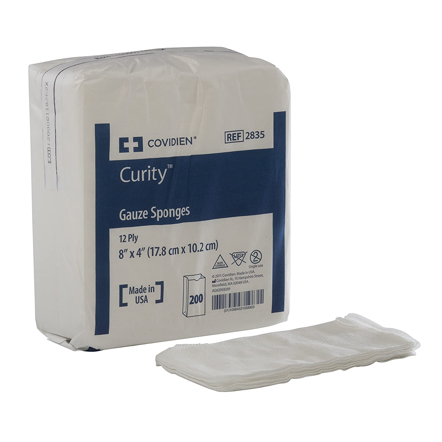 Curity USP Type VII Gauze Sponge Cotton 12-Ply 4 X 8 Inch Rectangle NonSterile, 2835- - PACK OF 200