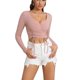 thumbnail image 1 of Camiseta ajustada de manga larga con cuello en V y detalle de cordón: top rosa ajustado para uso diario y fiestas, talla L, 1 of 7