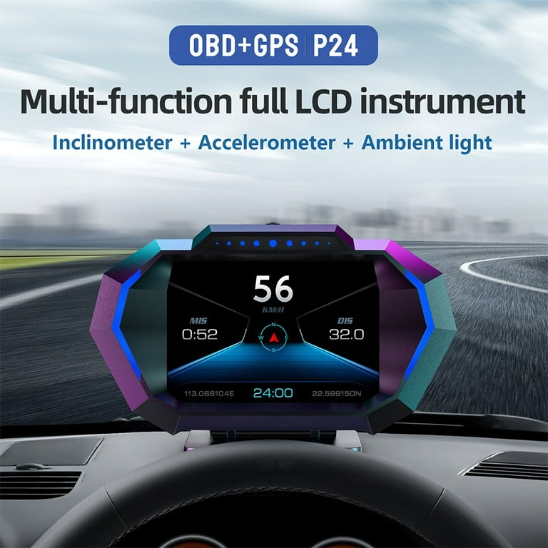 OBD2+GPS LCD Car P24 HUD Head Up Display Speedometer RPM/Alarm