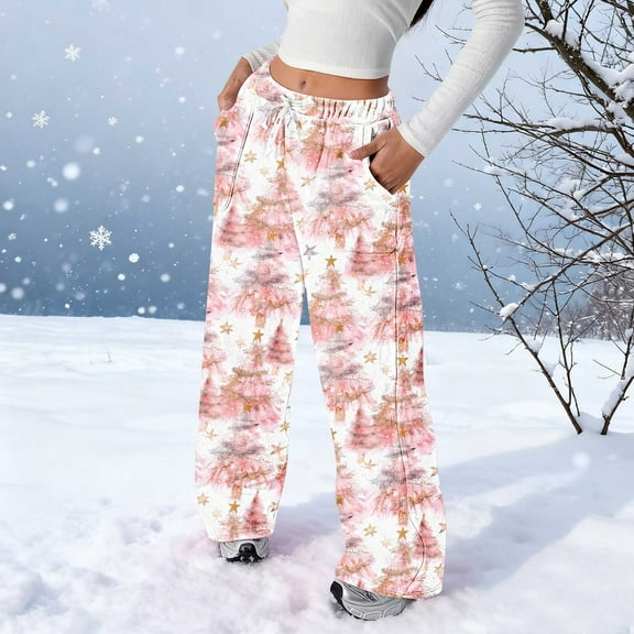 Christmas Flannel Pajama Pants Women Elastic Waist Holiday Print Wide Leg Lounge Bottoms with Pockets Winter Warm Cozy Sleepwear Pj Pants