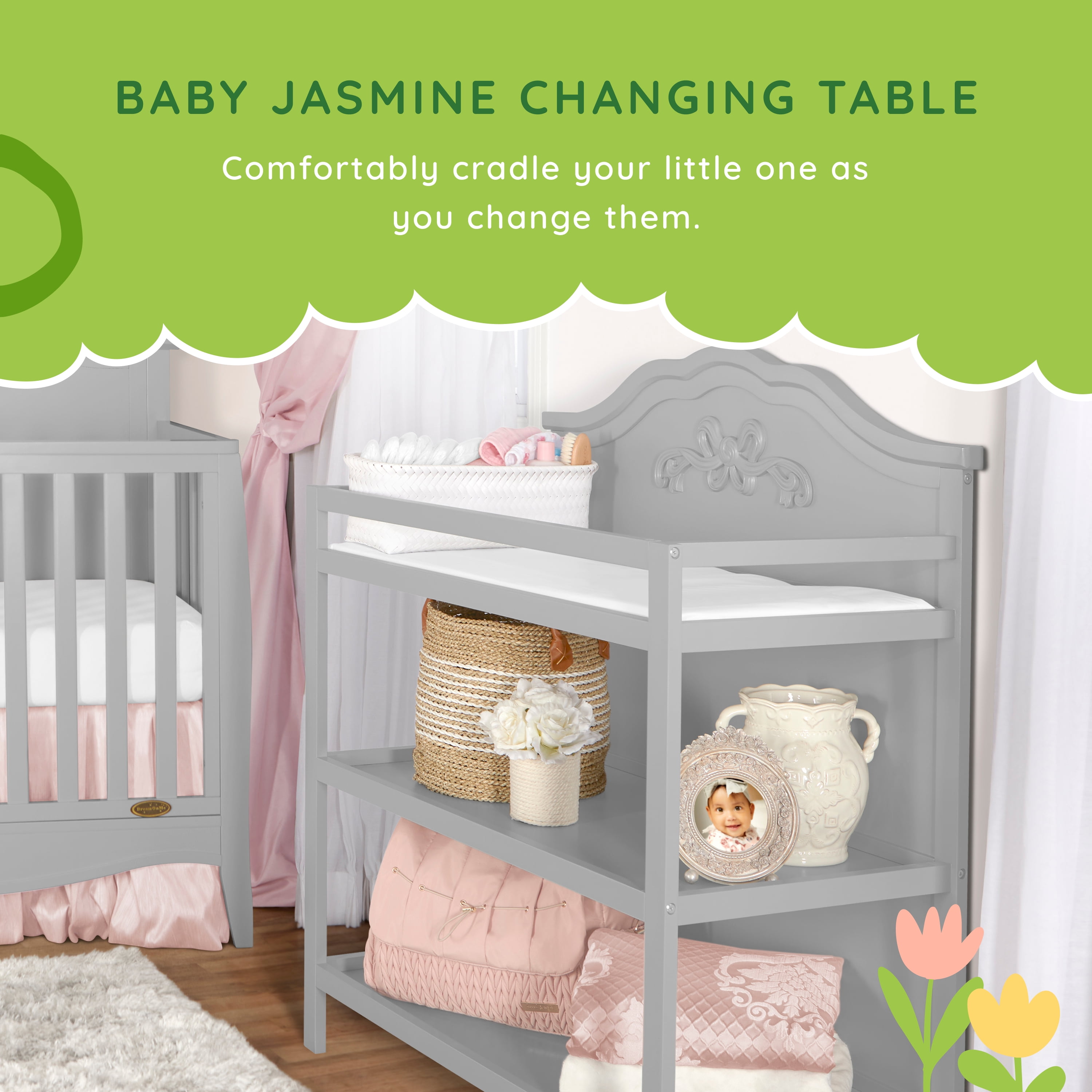 Dream On Me Jasmine Changing Table with Fixed Shelves, Platinum, 1" Mattress Pad, Safety Strap