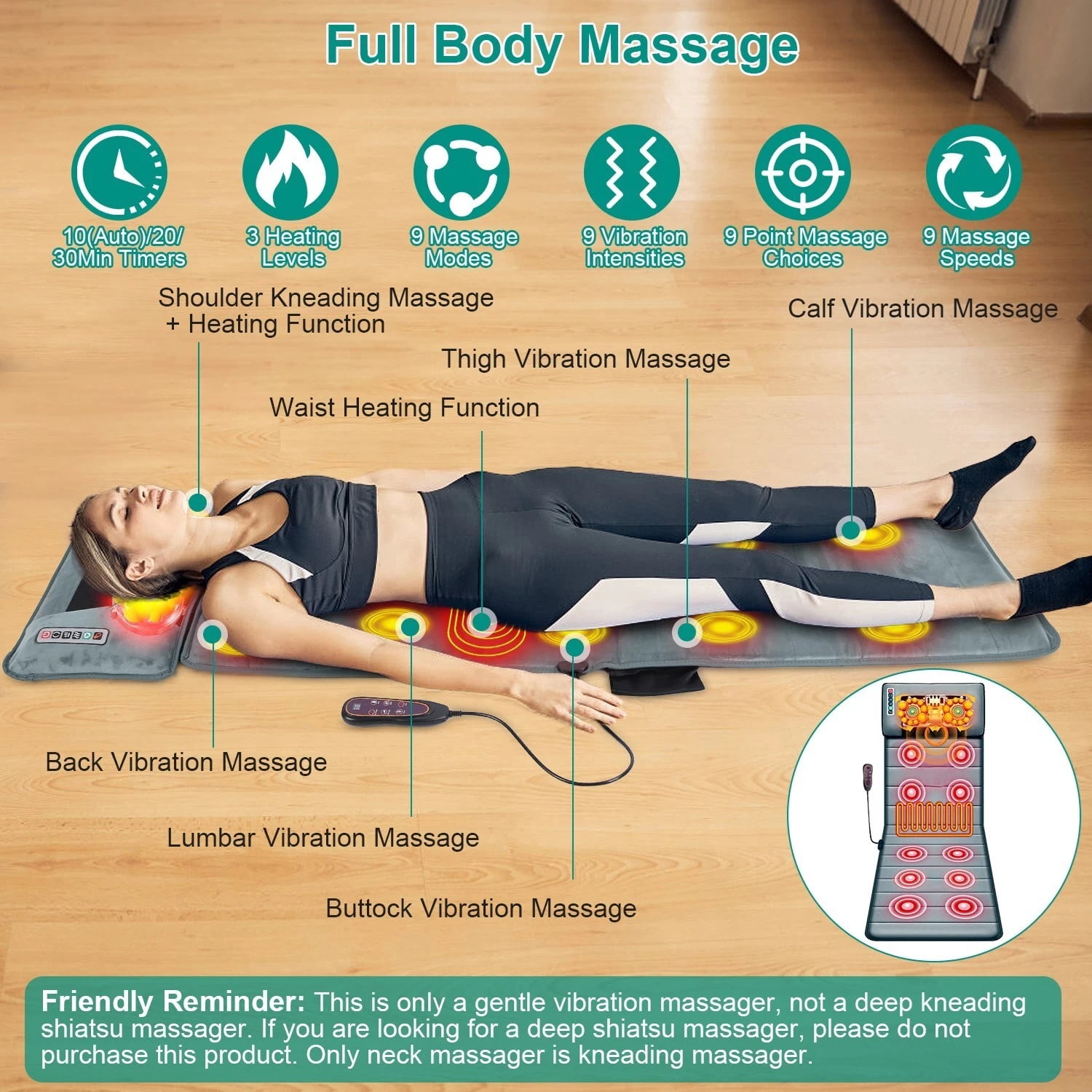 Electric Full Body Massage Mat with Heating, 10 Massage Points & Neck Massager, 9 Modes Adjustable Intensity, Portable Mat for Chair Bed Floor, Home Office Relaxation