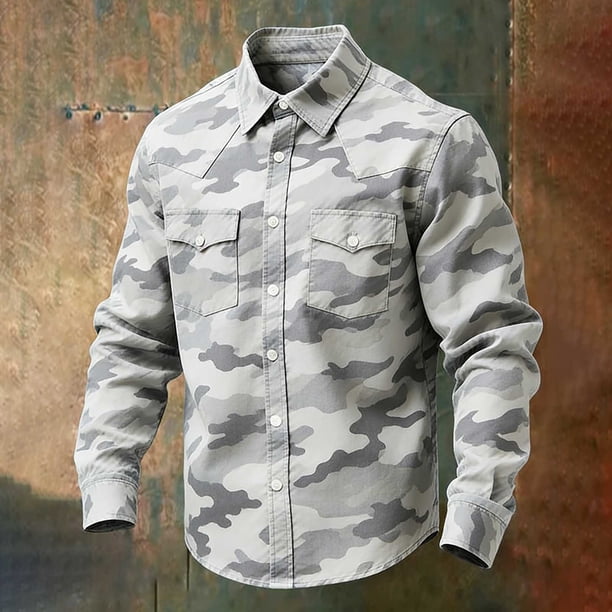 Ceisia Men's Loose Fit Vintage Urban Camouflage Print Long Sleeve Cotton Shirt Gray XXL Gifts