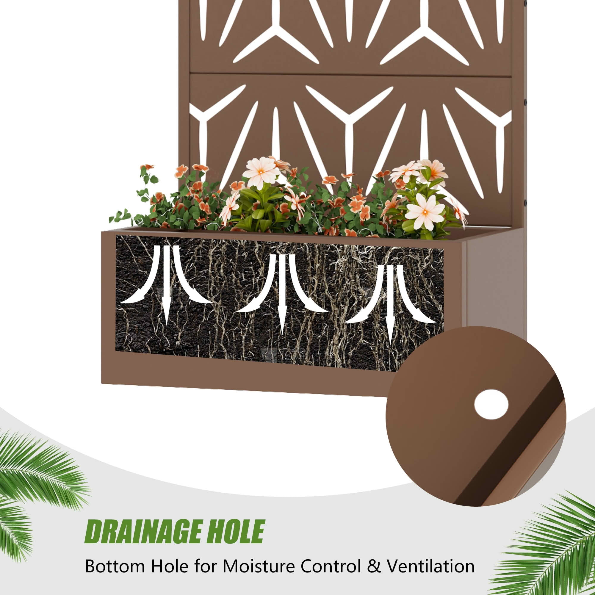 MAYEERTY 59X30" Metal Outdoor Brown Privacy Screen with Planter Box for Backyard & Garden, 4 Piece Set