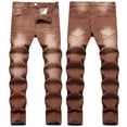 thumbnail image 2 of Men's Distressed Denim Pants Buckle Wash Jeans with Pockets Casual Straight Leg Trousers without Belt, 2 of 7