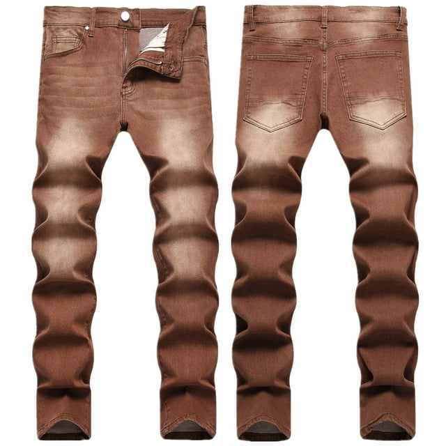 TIMIFIS Jean Homme Coupe Classique Régulière Coton Jean Tendance Mode Micro Élastique Slim Attache Élastique Petit Jambe Droite-Marron Automne