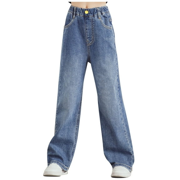 Gibobby Girl's Bow Wide Leg Denim Pants Elastic High Waisted Y2k Jeans with Pockets Plus Size Teenage Girls Ripped Jeans(Blue,3-4 Years)