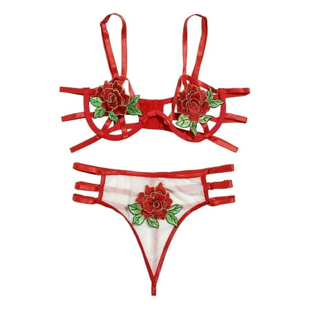 YOTMKGDO Valentines Day Lingerie  Bralette Bra Cupless Rose Embroidery Lingerie Lace Bustier Flowers  Underwire Swimsuits for Women (Red  L)