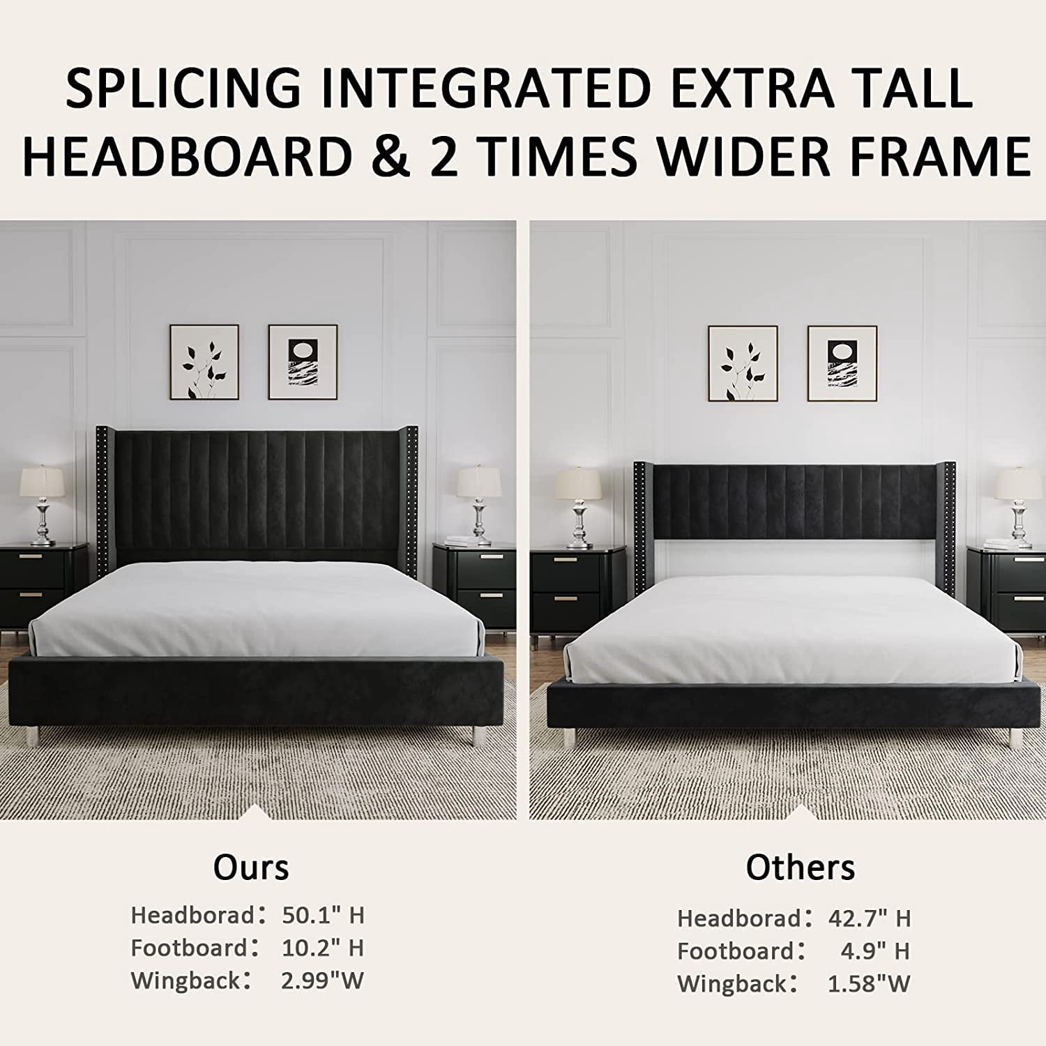 VanAcc King Bed Frame and Headboard Upholstered Wingback Bed with Vertical Channel Tufted Velvet/No Box Spring Needed/Easy Assembly/Black