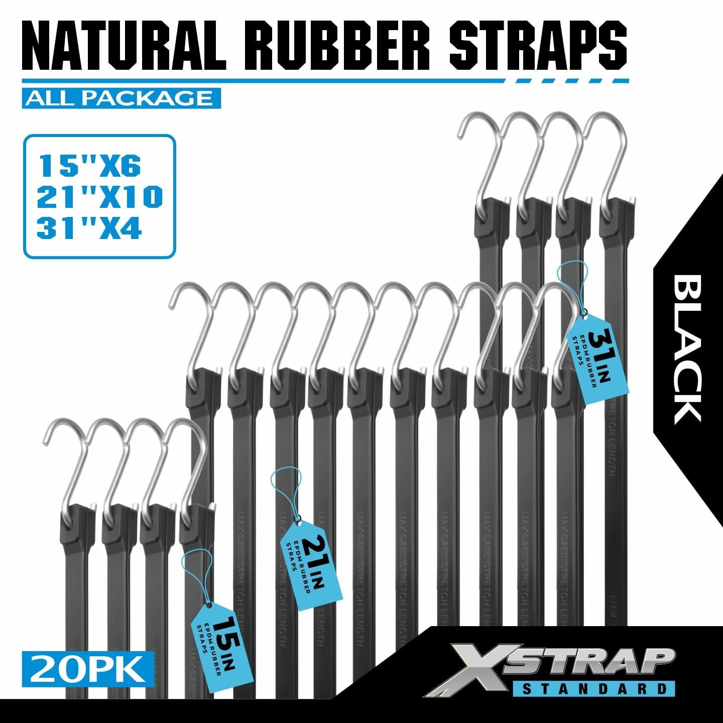 XSTRAP Multipack Heavy Duty Adjustable Rubber Bungee Cords with S Hooks, 15"", 21"", 31"" Tie-Down Straps for Securing Tarps, Canvases, Cargo, Weather-Resistant and Durable