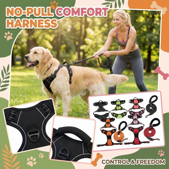 No Pull Dog Harness with Durable Chest Strap for Small Medium Dogs, Adjustable Reflective Pet Vest Traction Rope for Walking, Running, Training, Anti-Tugging Escape Proof (1 Harness 1 Leash)