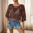 thumbnail image 5 of Boho Scallop Trim Crochet Beach Cover Up for Women Plain Fringe Trim 3/4 Sleeve Crew Neck Sheer Swimwear Coverup, 5 of 5