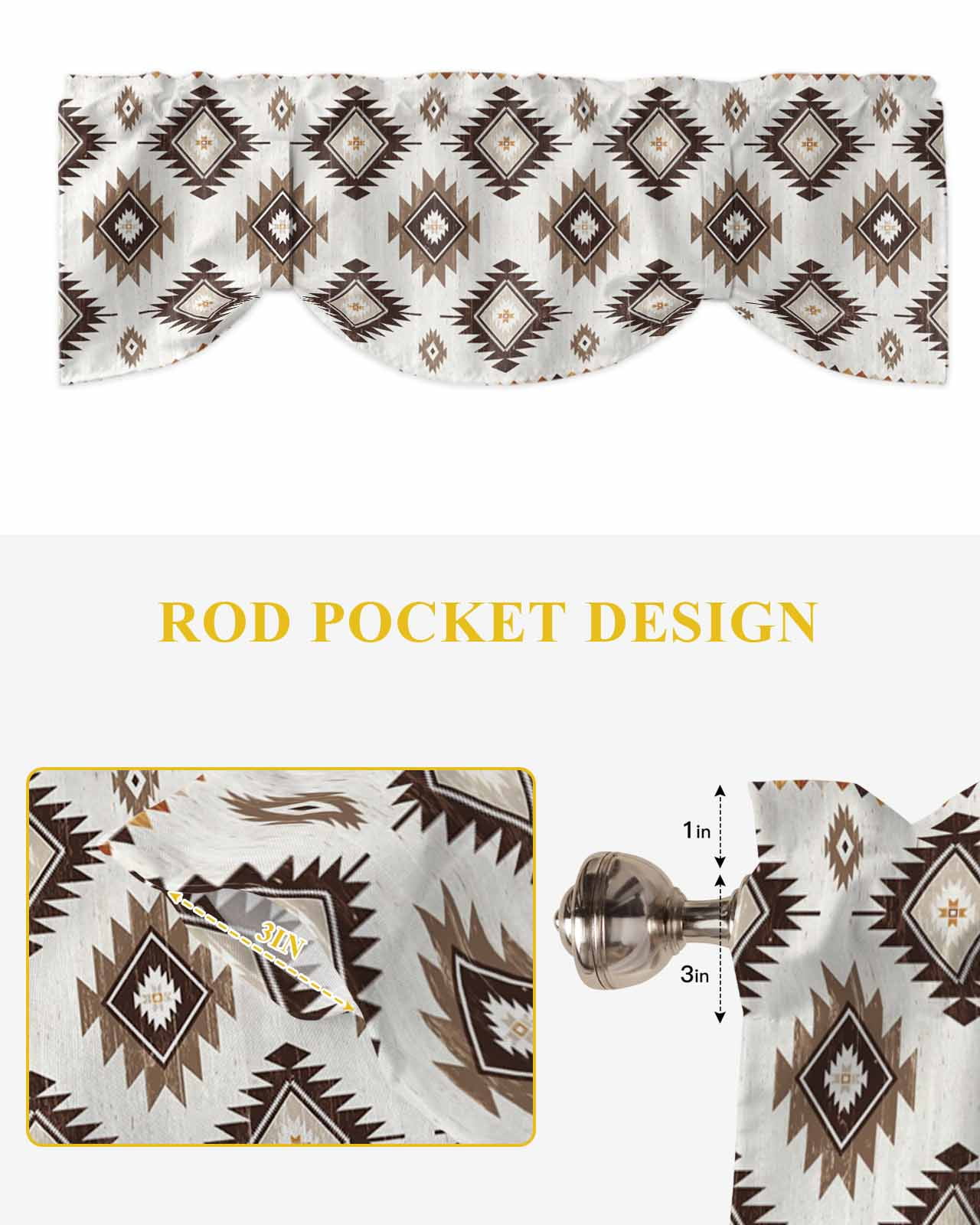 Khaki Brown Tie Up Valances Curtain, Adjustable Kitchen Aztec Ethnic Southwestern Native Geometric Valances for Windows Decor, Rod Pocket Short Curtains Set for Bedroom/Bathroom, 54"x18"