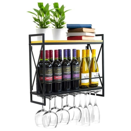 Wine Bottle Stemware Glass Rack Industrial 2-Tier Wood Shelf Wall Mounted Wine Racks with 5 Stem Glass Holders for Wine Glasses Mugs Home Décor Metal Rectangular