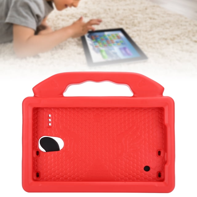 Shockproof Tablet Case for Tab 8.0in SM-T330/T331/T377/T380/T385/T387, shown in a vibrant red EVA material with a rugged, honeycomb-textured back and a built-in handle for easy carrying. Designed to protect against impacts, dust, and scratches, this heavy-duty case features precise cutouts for full access to ports, buttons, and functions. The background shows a child using a tablet on a soft carpet, emphasizing its child-friendly design and intelligent anti-fall protection.