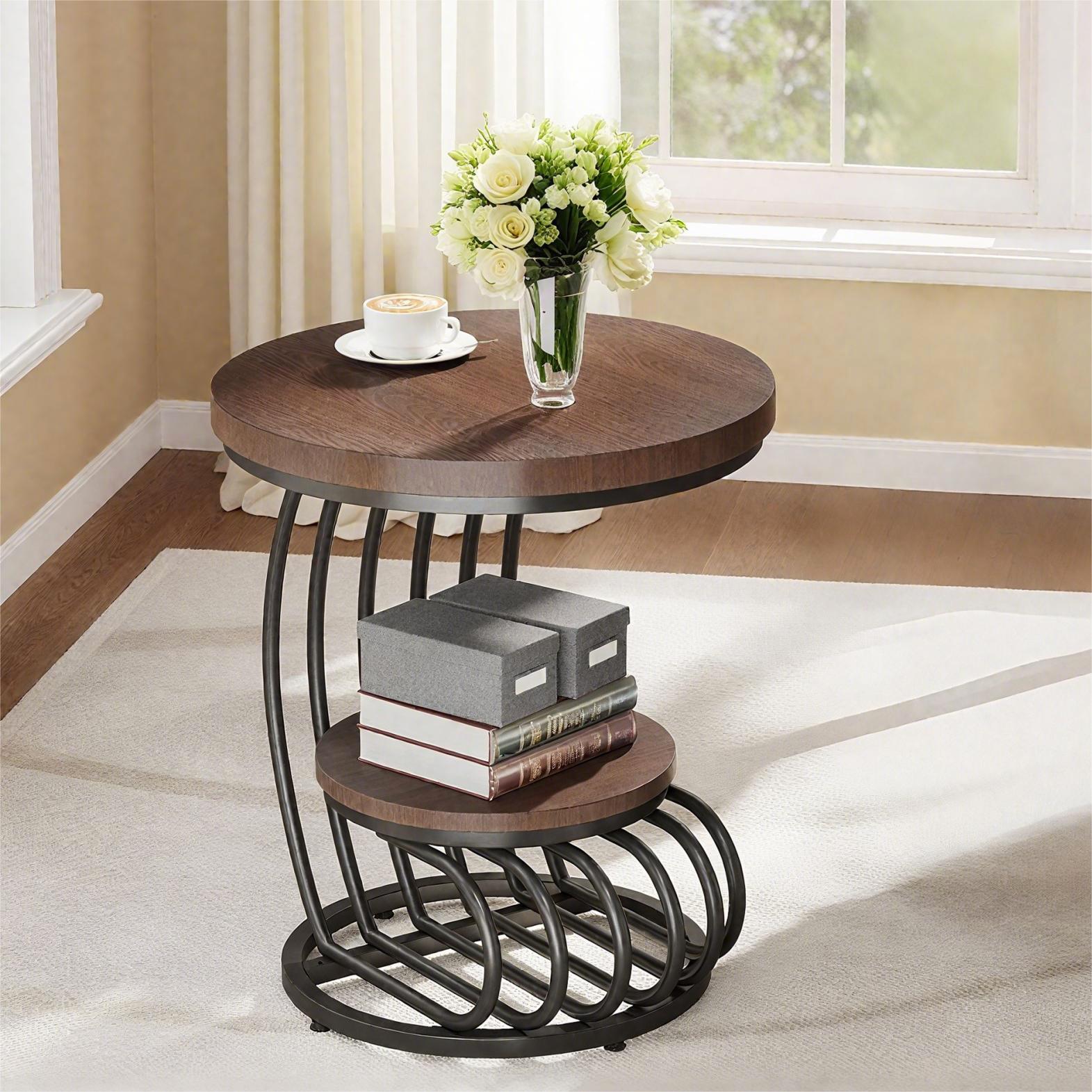 Fnova End Table Modern Wood Narrow Farmhouse Side Tables with Storage Shelf for Living Room, Bedroom, Nightstand