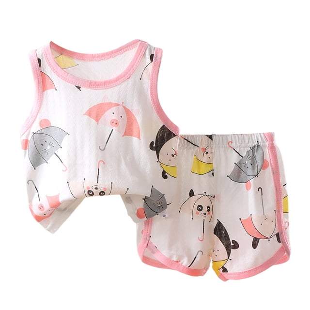 Nwiuh Ensemble de Pyjama pour Bébé et Enfant, Pyjama 2 Pcs à Manches Courtes, Pyjama Imprimé Doux et Respirant 0–5 Ans (Rose Pâle, 3-4 Ans)