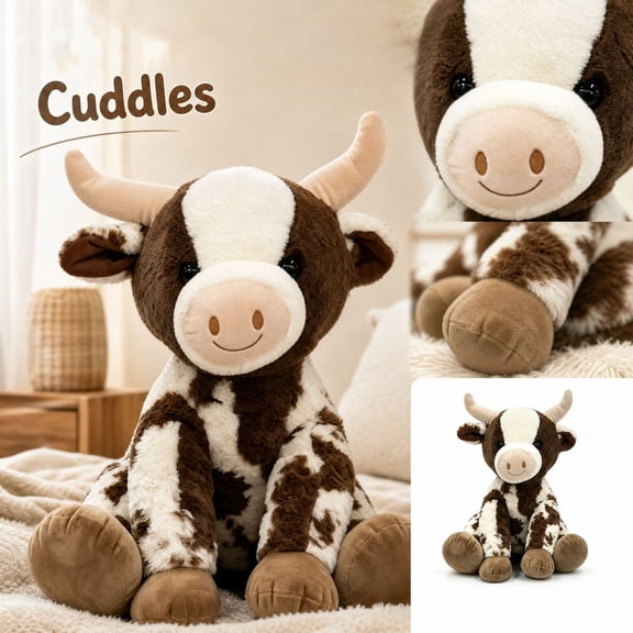 Highland Cow Plush, Large Spotted Cow Stuffed Animal Toy, Soft Fluffy Farm Animal Plush Doll, Perfect Birthday Holiday Gift