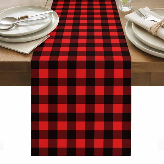 Black Red Plaid Table Runner - 70 Inch Long, Kitchen Dining Table Runner Dresser Scarves, Vintage Rustic Buffalo Checked Gingham Farmhouse Decor for Coffee Tables Wedding Party Banquet