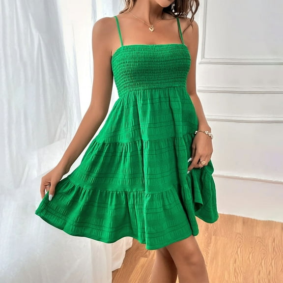 Fartey Mini Sundresses for Women Loose Comfy Tiered Ruffle Dress Elegant Square Neck Spaghetti Strap Dresses Summer Casual A Line Swing Dress 2025 Green S-2XL