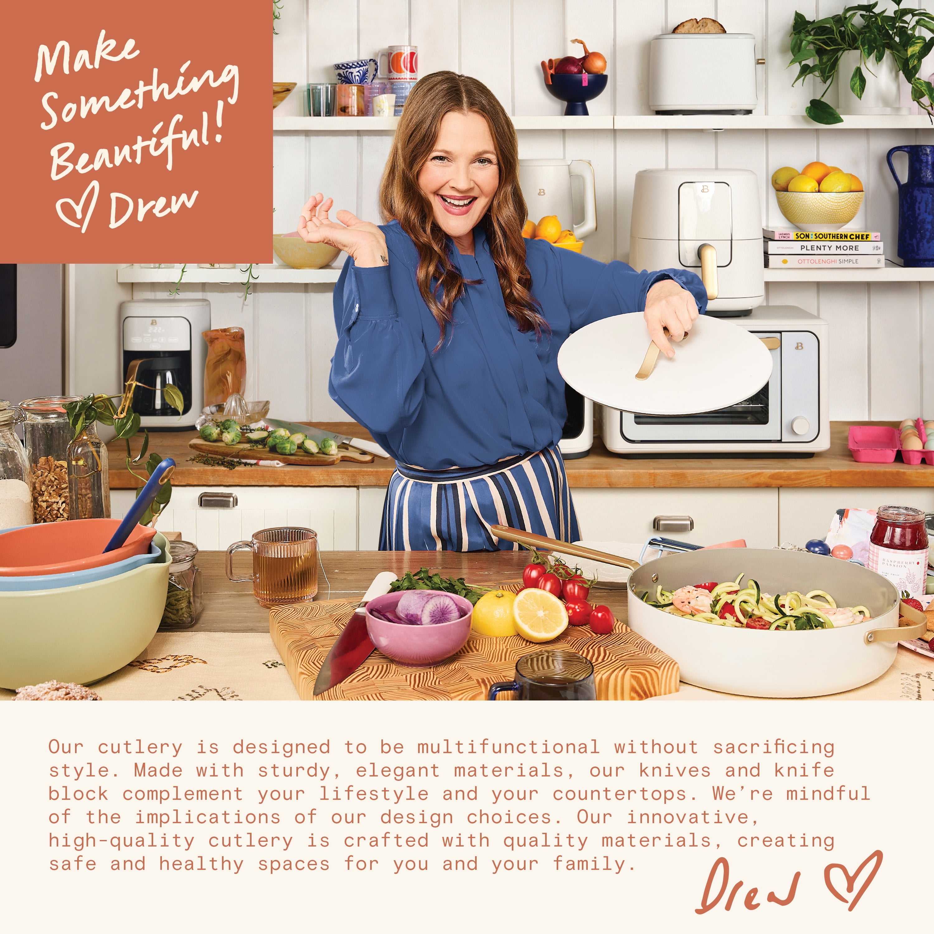 Beautiful 6-Piece Soft Grip Knife Set Rose with Gold Accent by Drew Barrymore