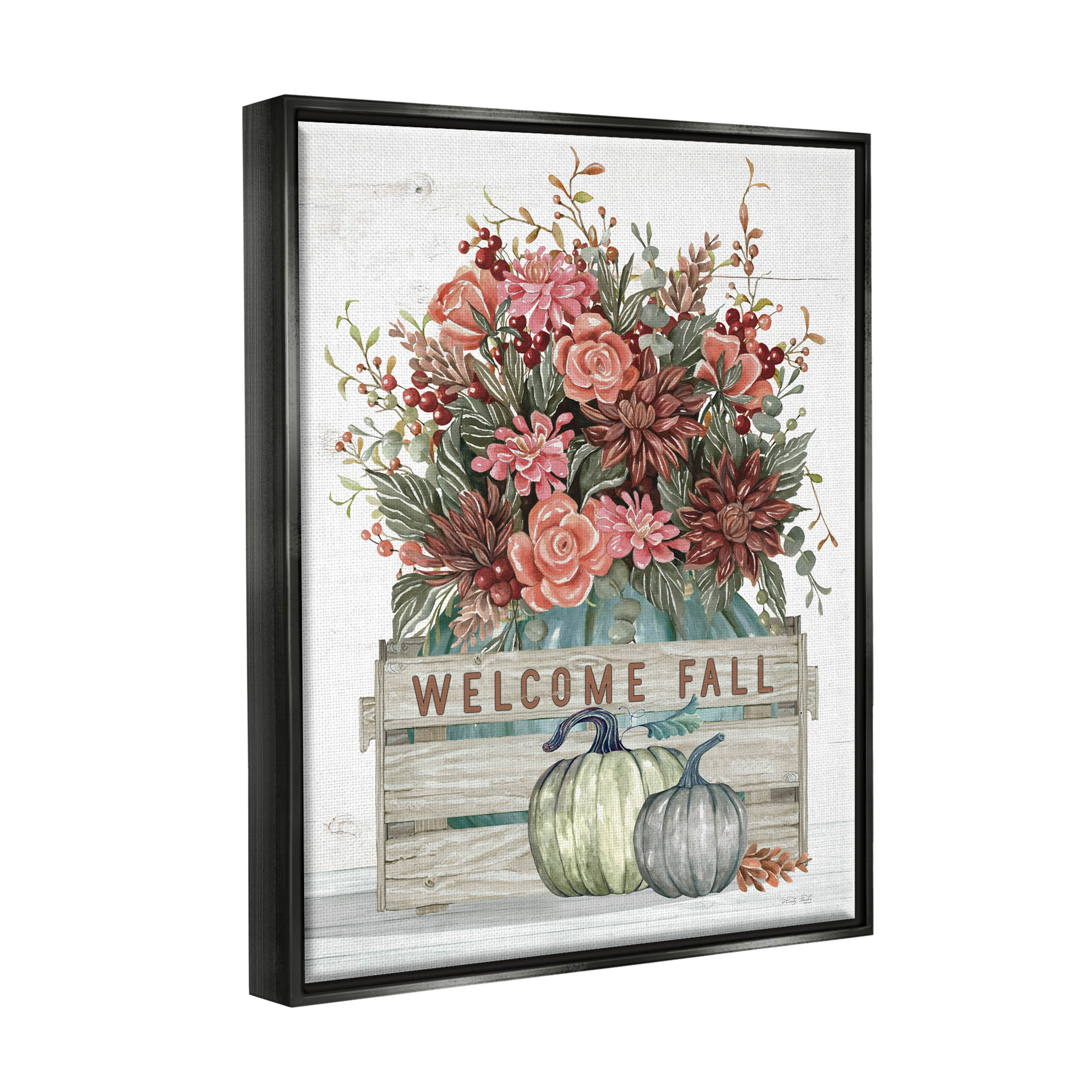 Welcome Fall Seasonal Blooms Holiday Graphic Art Jet Black Framed Art Print Wall Art